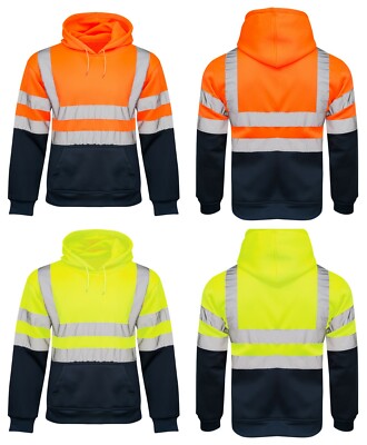 Da Uomo 2 Toni NO ZIP HI VIS FELPA Nastro Banda accosta felpa con cappuccio di sicurezza