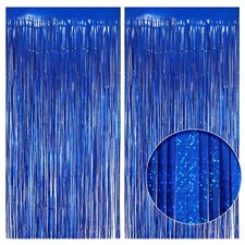 2 Pack Holographic Dark Blue Fringe Backdrop 3.2x8.2ft Tinsel Curtains Party