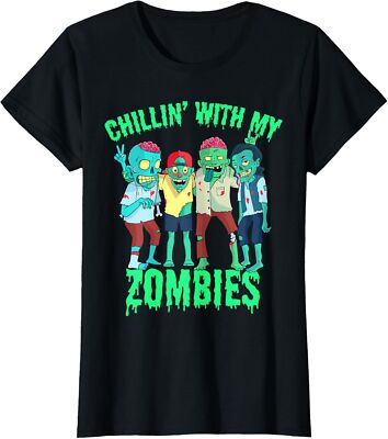 Chillin' With My Zombies Funny Halloween Design Ladies' Crewneck T-Shirt