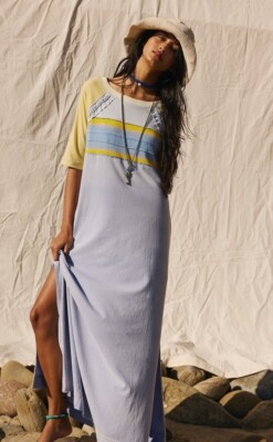 Free People Rowan Tee Maxi Midi Dress Braided Detail Side Slits Blue Combo M NEW