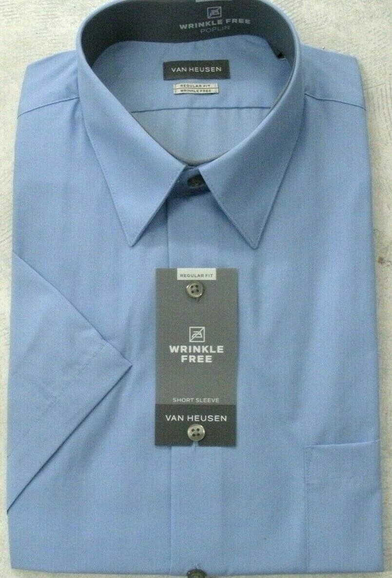 van heusen short sleeve dress shirt wrinkle free Van Heusen Men's Regular Fit Short Sleeve Dress Shirt, Blue, 14.5, Cotton, Plaid Pattern