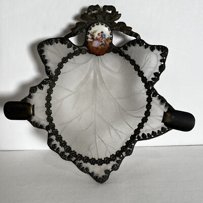 French ArtDeco Victorian Glass Ashtray Gilt Metal Ormolu Beaded Rim Antique