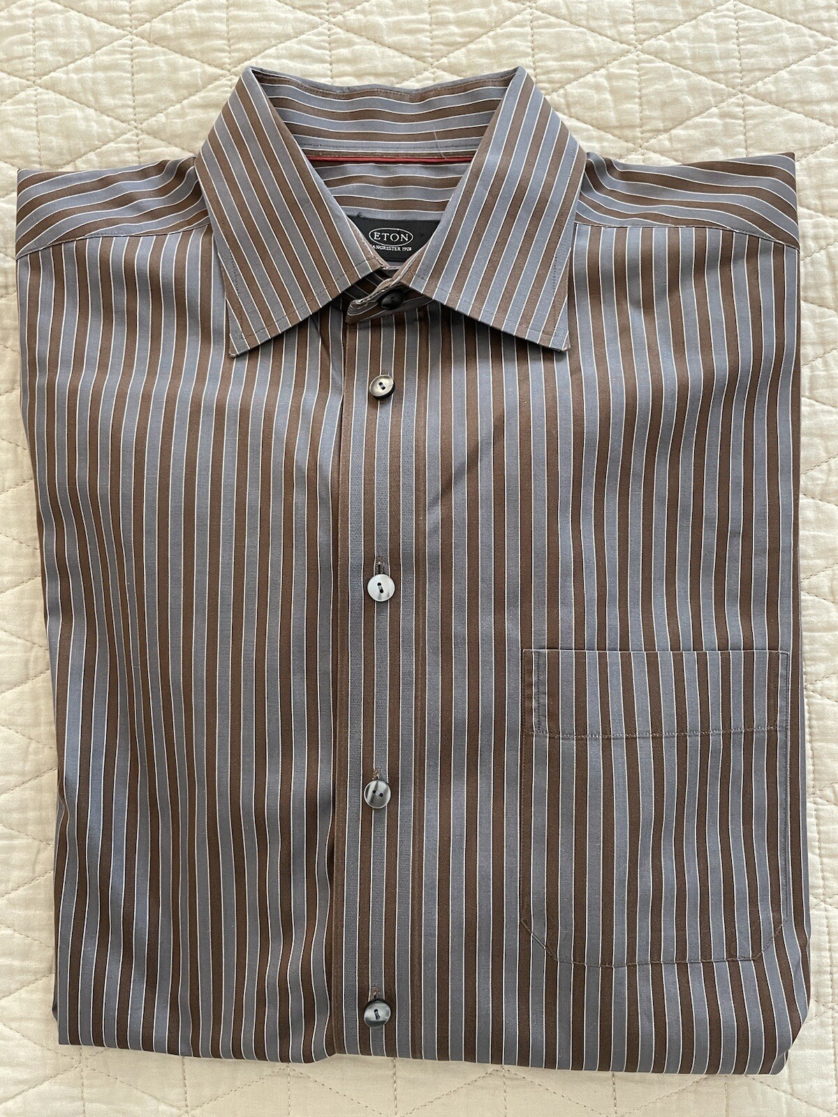 ETON Spread Collar Cotton Shirt in Brown & Gray Stripe Size 16/41 260