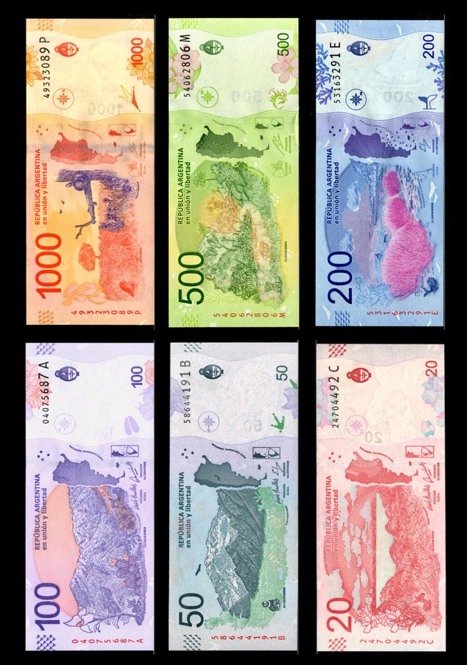 Argentina 20 50 100 200 500 1000 Pesos 6 Piezas JUEGO NUEVO, 2016-2019 Billete ND UNC Foto 3 de 4