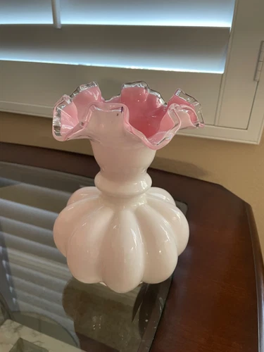 Fenton Encased White Pink Ruffle Melon Vase
