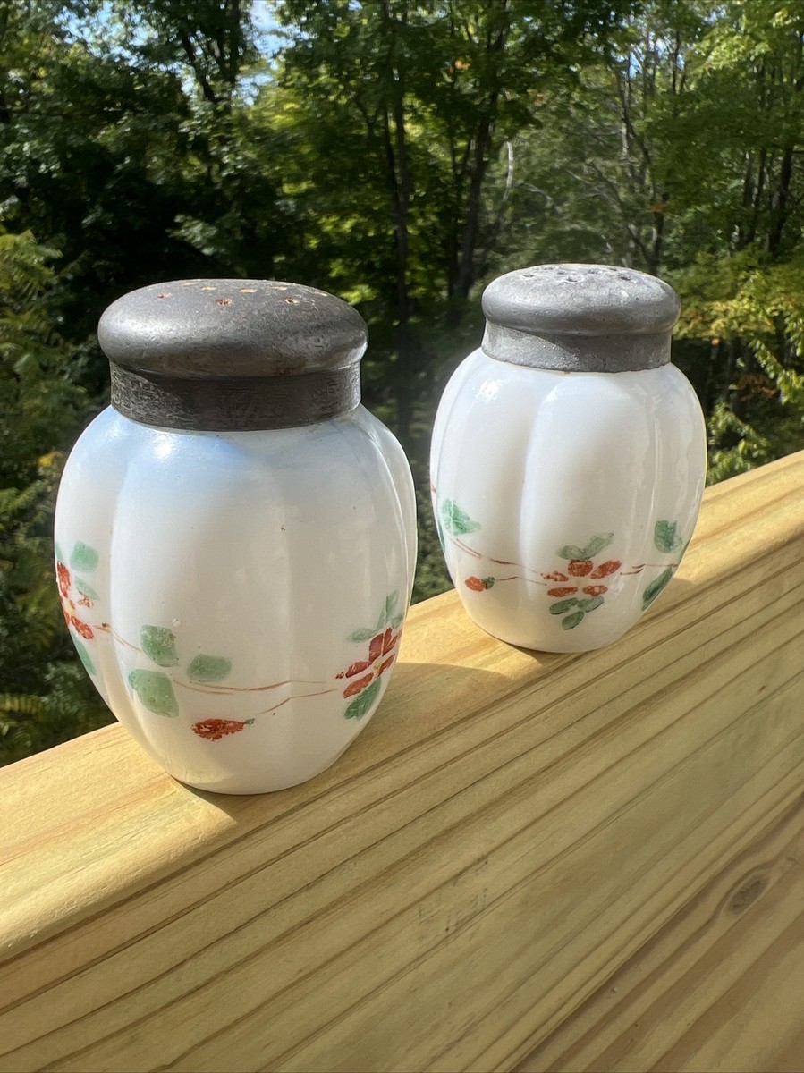 Vintage Antique Victorian Milk Glass Hand Painted Pair/Set Salt