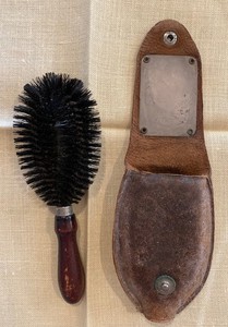 Vintage Antique Oval Fuller Valet Brush with Wood Handle & Leather Snap Cover