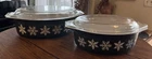 Vintage Pyrex Black Snowflake 2.5 Q (045) & 1.5 (043) Casserole Dish w Lids 4pc