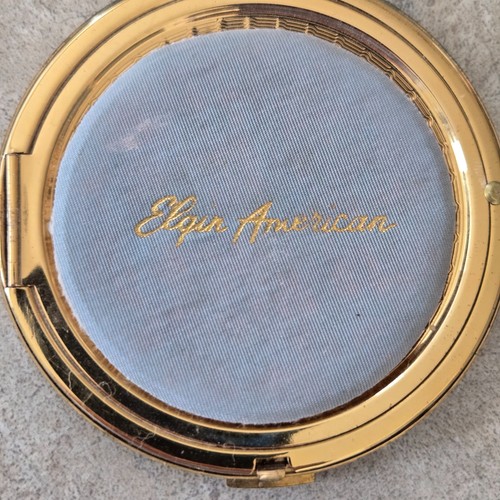 Cassa specchio compatta americana Elgin tono oro con fiori incisi anni 40 vintage - Foto 4 di 12