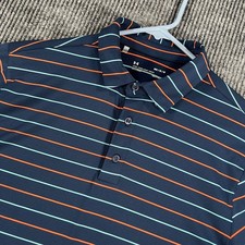 Under Armour Polo Shirt Mens Medium Blue Striped Short Sleeve Heat Gear Loose
