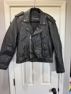 Wilsons Leather Jacket Mens Large Black Moto Biker Vintage Distressed Belted Fit