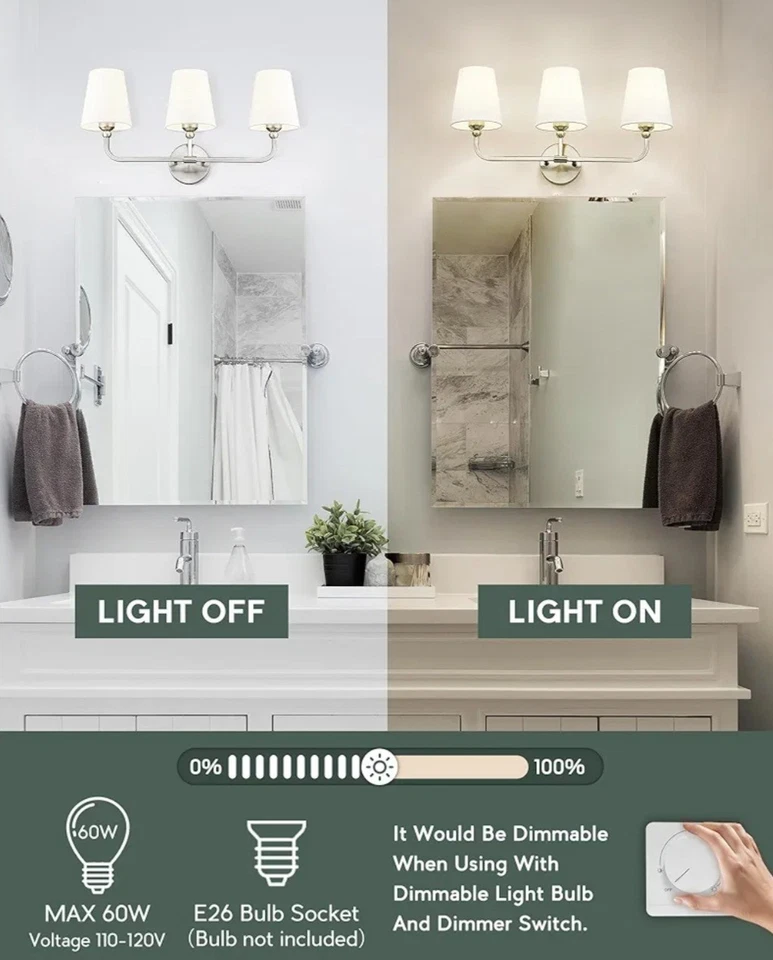 Светильники для ванной, матовые никелевые светильники для туалетного столика с расклешенным белым... - Изображение 4 из 4