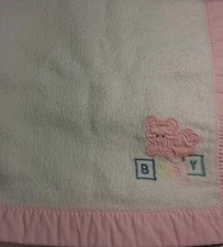 Vintage Cuddle Time Baby Blanket 100% Cotton White w/Pink Binding Bear Applique