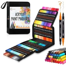 Acrylic Paint Markers Set 120 Colors Dual Tip (3mm Medium + Brush Tip) | Wate...