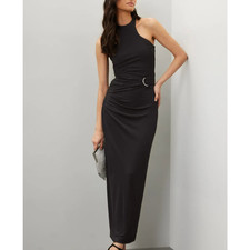 Halston Black Tank Gown Size 4 Cocktail Bodycon Halter Chic Maxi Dress $545 Flaw