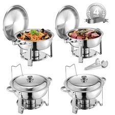 4 Pack 5Qt Chafing Dish Buffet Set Round Full-Size Pan Stainless Steel w/ Clip