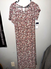 Chaps Black Pink White Floral Knit A-Line V-Neck Cap Sleeve Midi Dress 1X
