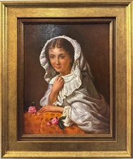 Contemporary Painting: Woman In A  Ruffled Bonnet , Framed