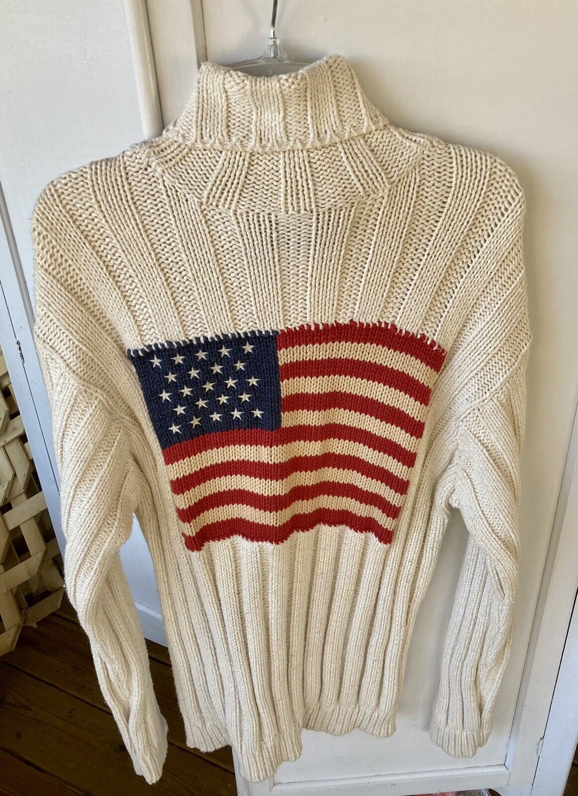 Ralph Lauren vintage USA FLAG Size M Turtle Neck 100% Cable Knit 