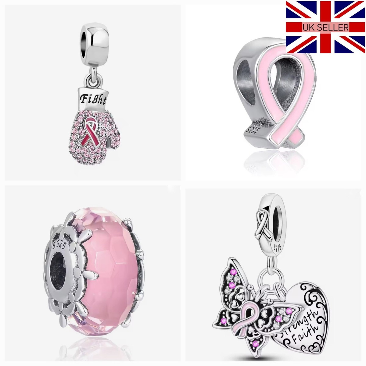 925 Silver Breast Cancer Charm for Bracelet in Gift Box UK