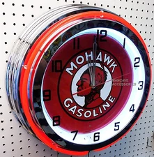 18" MOHAWK Gasoline Sign Double Neon Clock Gas Station Lube