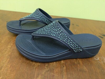 Crocs Monterey Diamante Wedge Sandals Womens 8 Blue Beaded Casual Comfort 