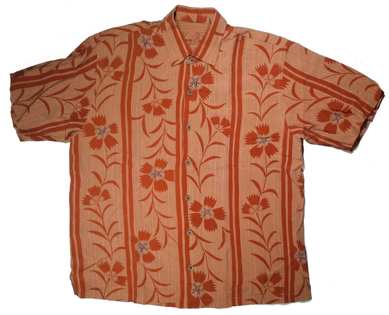 Tommy Bahama Mens Shirt XL 100% Tencel Floral Hawaiian Orange Short Sleeve