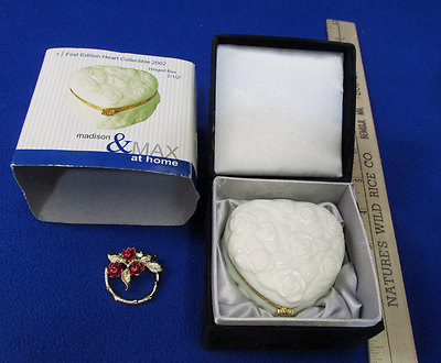 Trinket Box Valentines Heart Shaped Red Rose Brooch Enamel Gold Tone Gerry 2 Lot