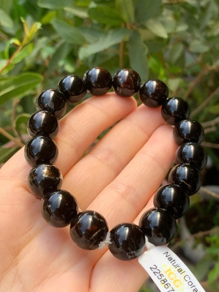 Natural Black Coral 11.5mm bead bracelet, -Wrist 16.5mm, Certificate - Image 2 of 4