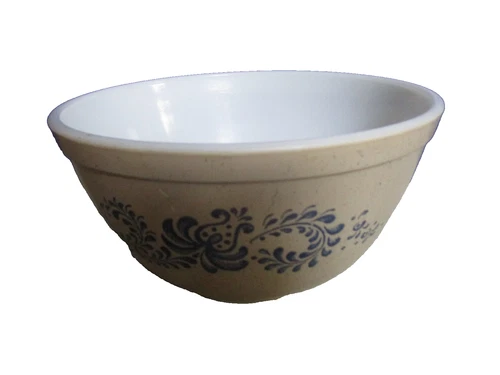 Pyrex by Corning Homestead Mixing Bowl Blue Floral Speckled Tan 402 1.5 QT