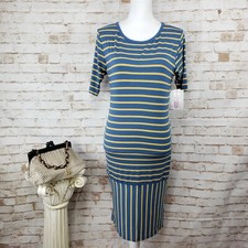 NWT LuLaRoe Size M Julia Dress Blue/Yellow Striped Short Sleeve Stretch Knit