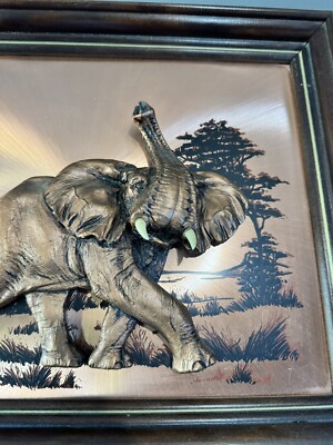 John Louw Signed 3D Copper Wall Art African Elephant Trunk Up 3D
