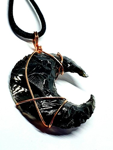 Obsidian Moon Necklace Pendant Copper Wire Wrapped Crystal Gemstone Protection - Picture 10 of 14