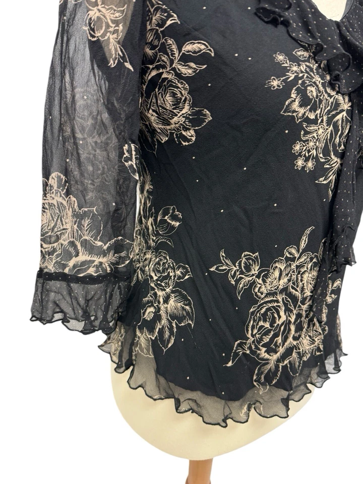 Jonathan Martin Studio Mujer Blusa 100% Seda Negro Floral Manga 3/4 Talla L Foto 3 de 4