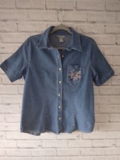 Vintage Denim Floral  Embroidered Shirt blouse Top jacket Size S