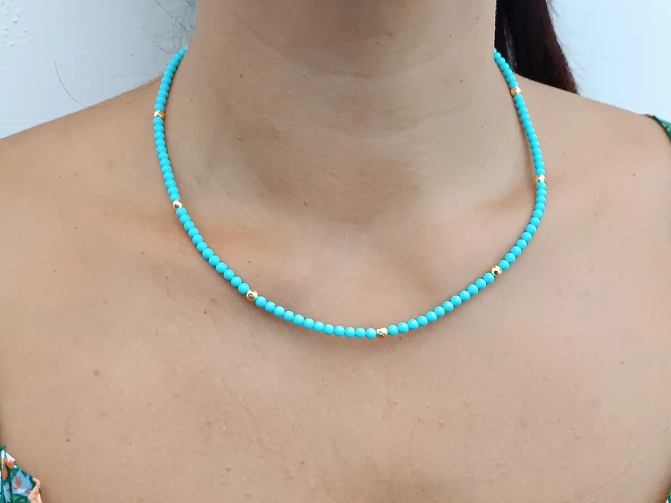 Collana donna girocollo turchese argento 925 placcato oro perline piccole - Immagine 2 di 4