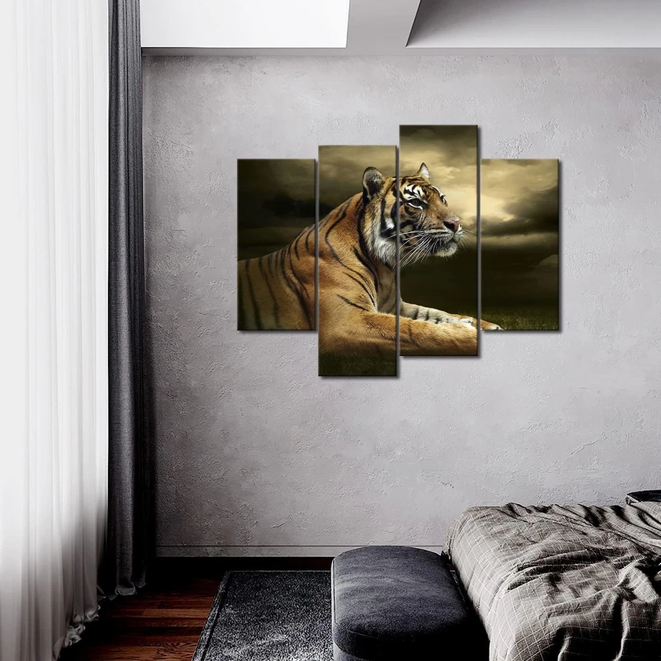 4 Panel Wall Art Tiger Looking and Sitting Under Dramatic Sky with Clouds Pai... - Image 2 of 4