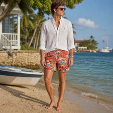 Polo Ralph Lauren Swim Trunks Hawaiian Print Red Tropical Surf Men's M Shorts