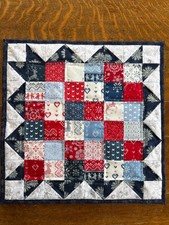Winter Snowflake Hearts Nordic Blue Red Quilted Table Topper Handmade