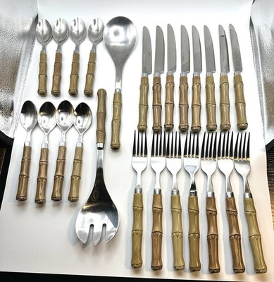 VTG Resin Bamboo Flatware 25 Piece Stainless Service for 8 Tiki Set Boho MCM