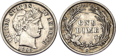 COIN United States 1 Dime 1895 S KM# 113 Silver Barber Dime XF