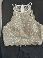 Sequin Hearts Chain Lace Design Cropped Halter Top Size 5 Built in Bra