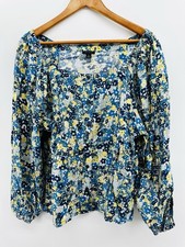 Ann Taylor Blouse Puff Sleeve 2X Square Neck Top Blue Cottagecore Floral Z1013