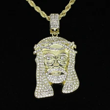 14k Gold Plated Large Iced Jesus Piece Cz Pendant 24" Rope Chain Necklace