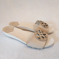 Tory Burch Sandals Womens 9 Beige Miller Slide Big Logo Low Heel Wedge 35172