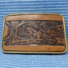 Buck Deer Stag Belt Buckle Leather Trees River Hunting Vtg Century Can .BMW891