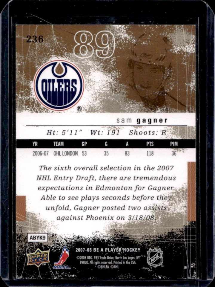 2007-08 Upper Deck Be a Player Sam Gagner Player's Club Rookie RC #4/10 Oilers - Image 2 of 2