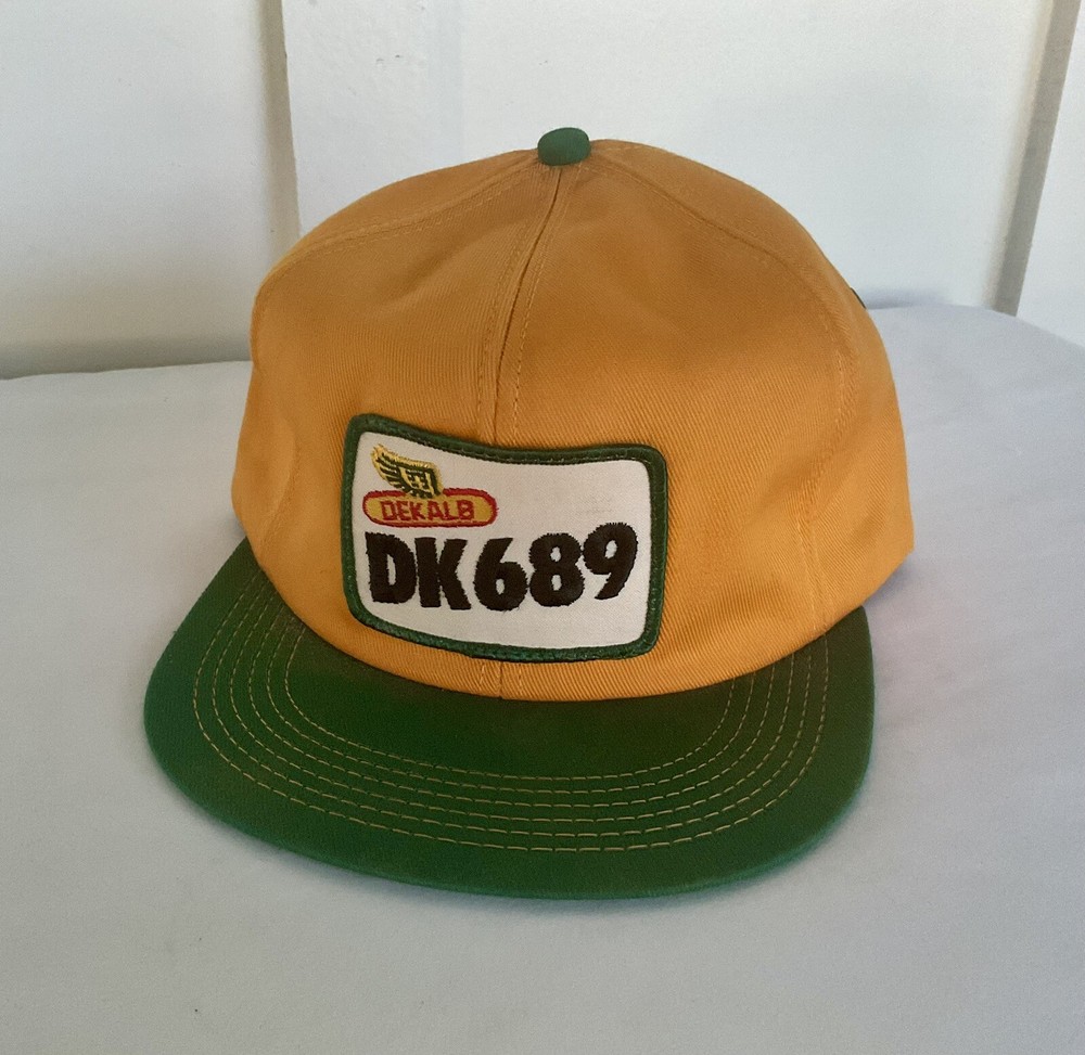 Vintage K Products DK689 Trucker Hat Yellow Green Bill Sewn Patch Retro Pre-Owned