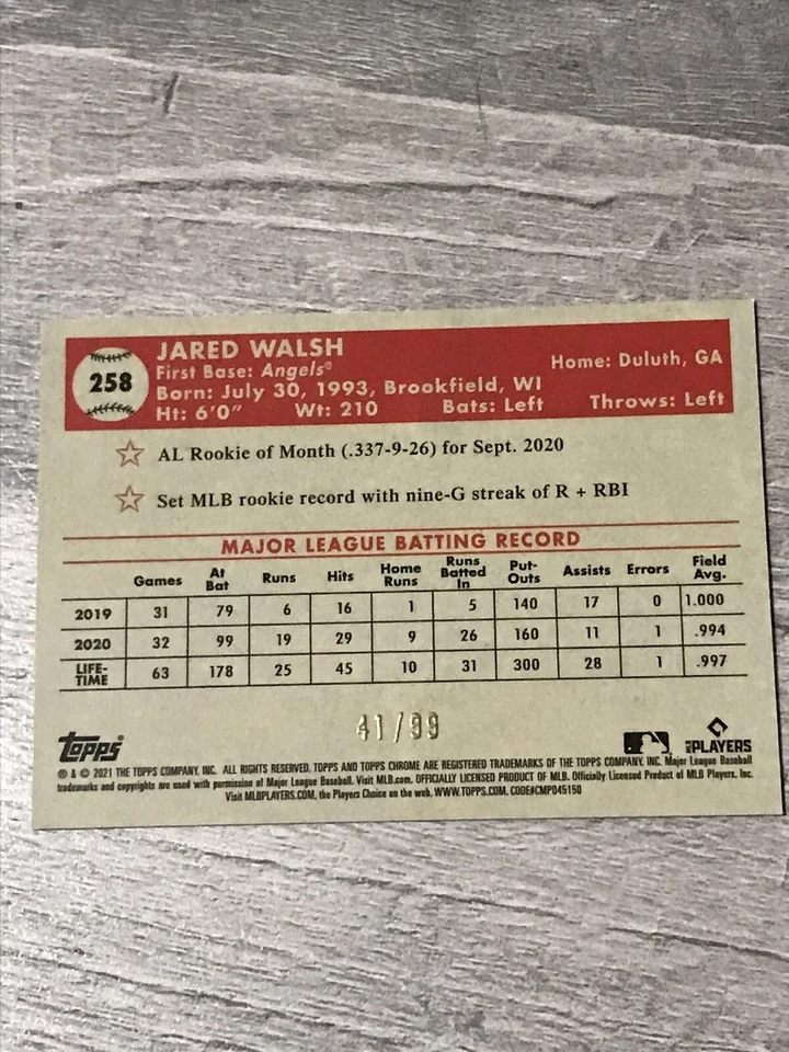 2021 topps chrome platinum anniversary Jared Walsh green/yellow refractor #/99 - Image 2 of 2