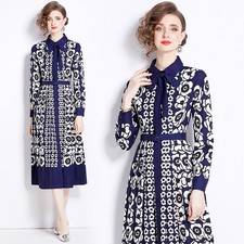 Women Spring New Floral Printed Temperament Single Breasted Pleasted Shirt Dress